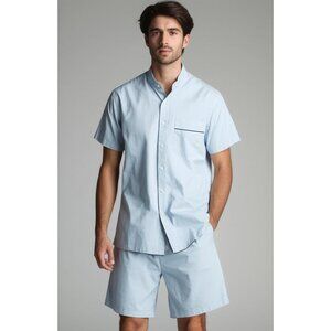 Mens Light Blue Short Sleeve Pajama Set With Piping Detail Button-Down Shirt & E